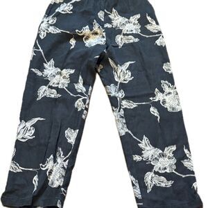 RAFAELLA Women Size 12 Black and‎ White %100 linen Floral pants Quiet Luxury